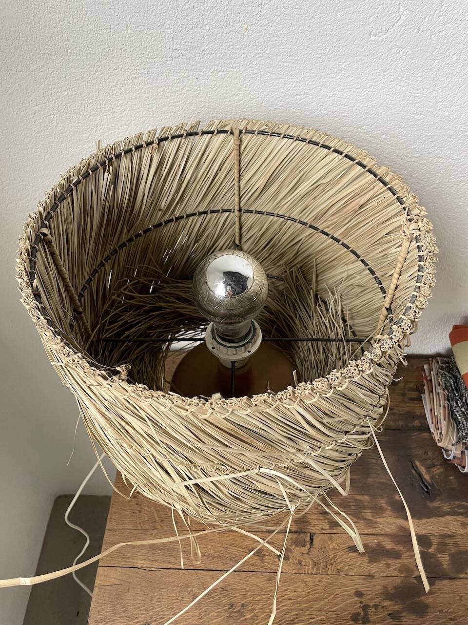 50s wood and straw lamp