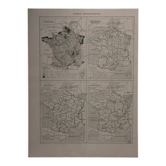 Original lithograph on the France (administrative + departments)