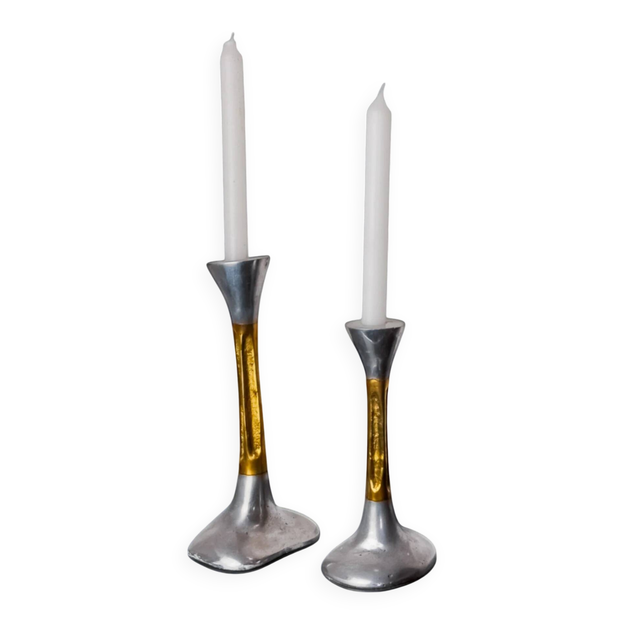 Pair of Brutalist candlesticks by David Marshall in bronze, Spain, 1970s