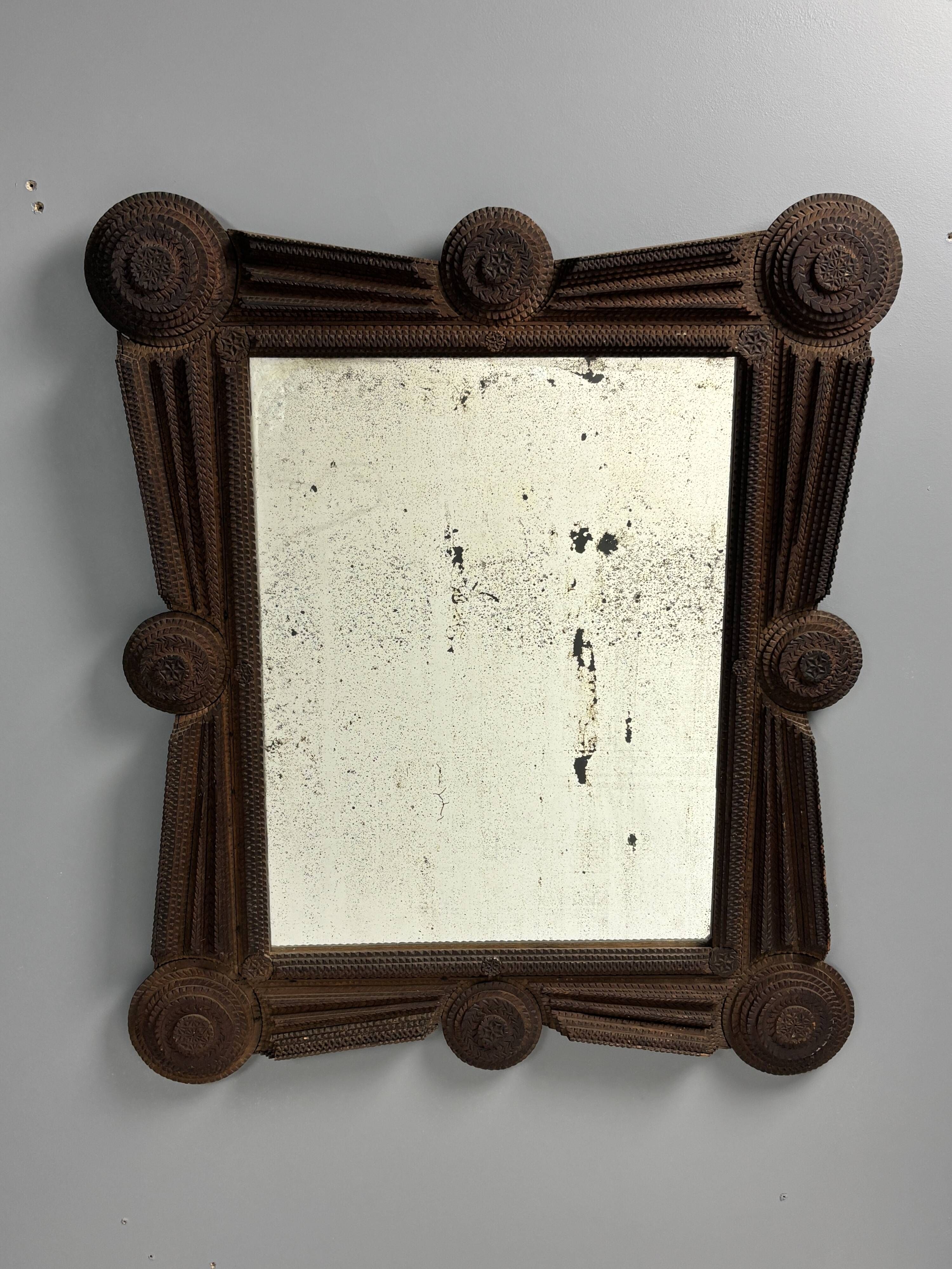 Antique tramp art folk art distressed mirror, Austria ca 1900s