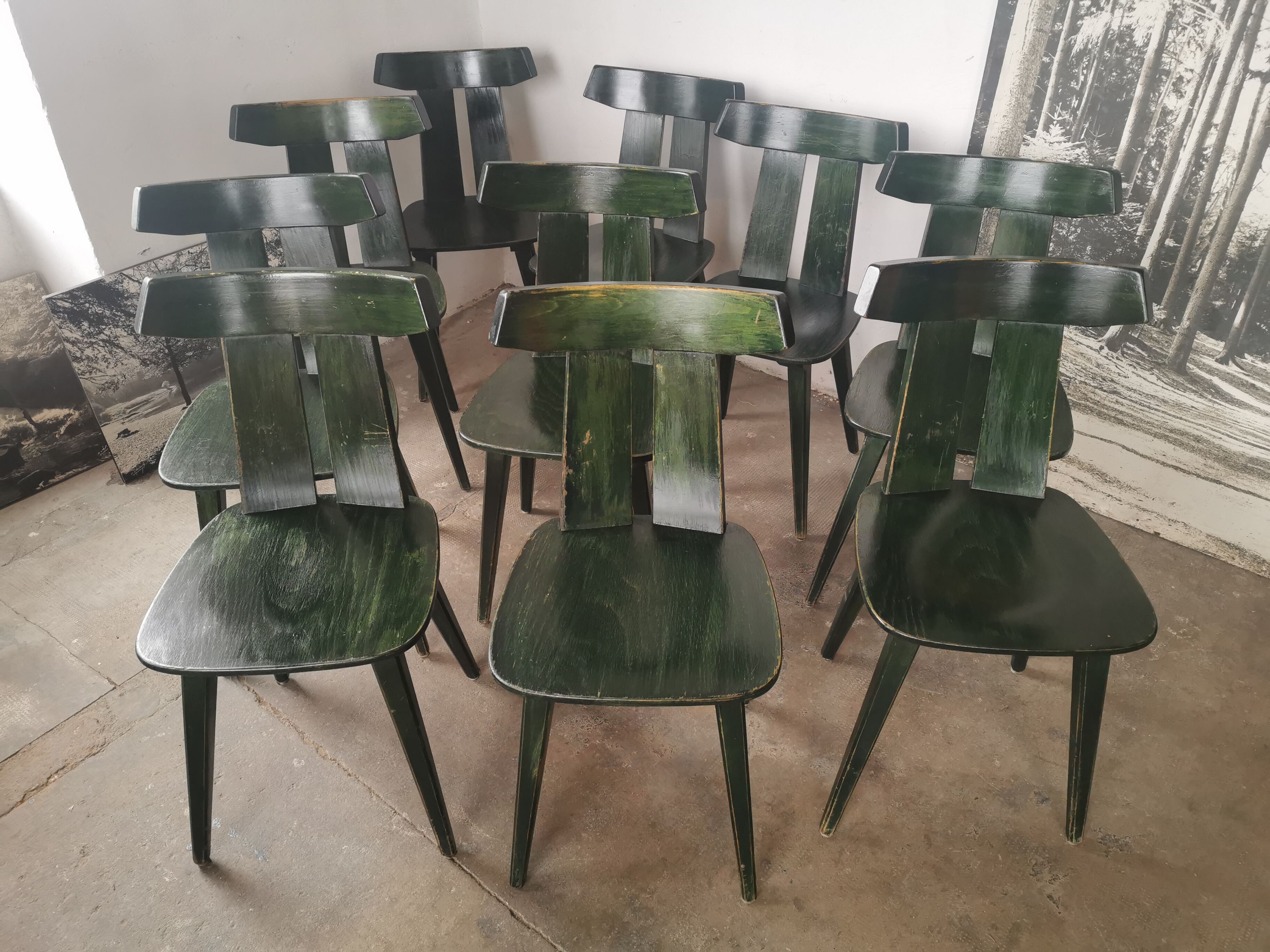 Set of 10 wooden bistro chairs