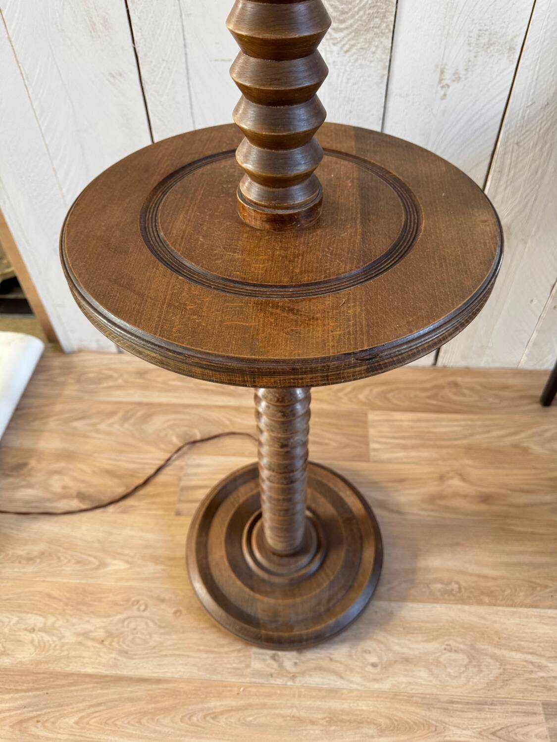 Turned wooden floor lamp