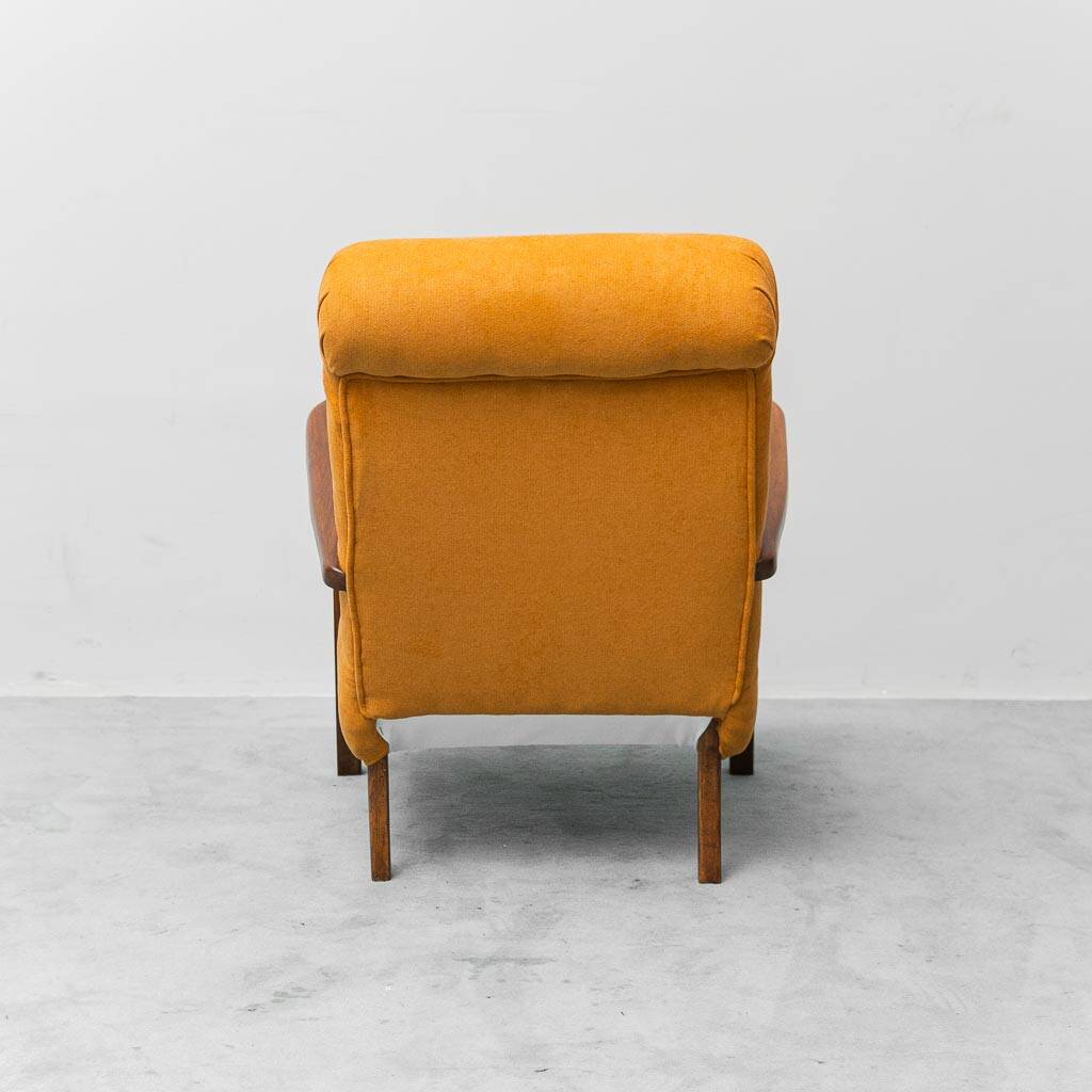 Scandinavian vintage armchair in orange fabric and wood, 1960s modernism