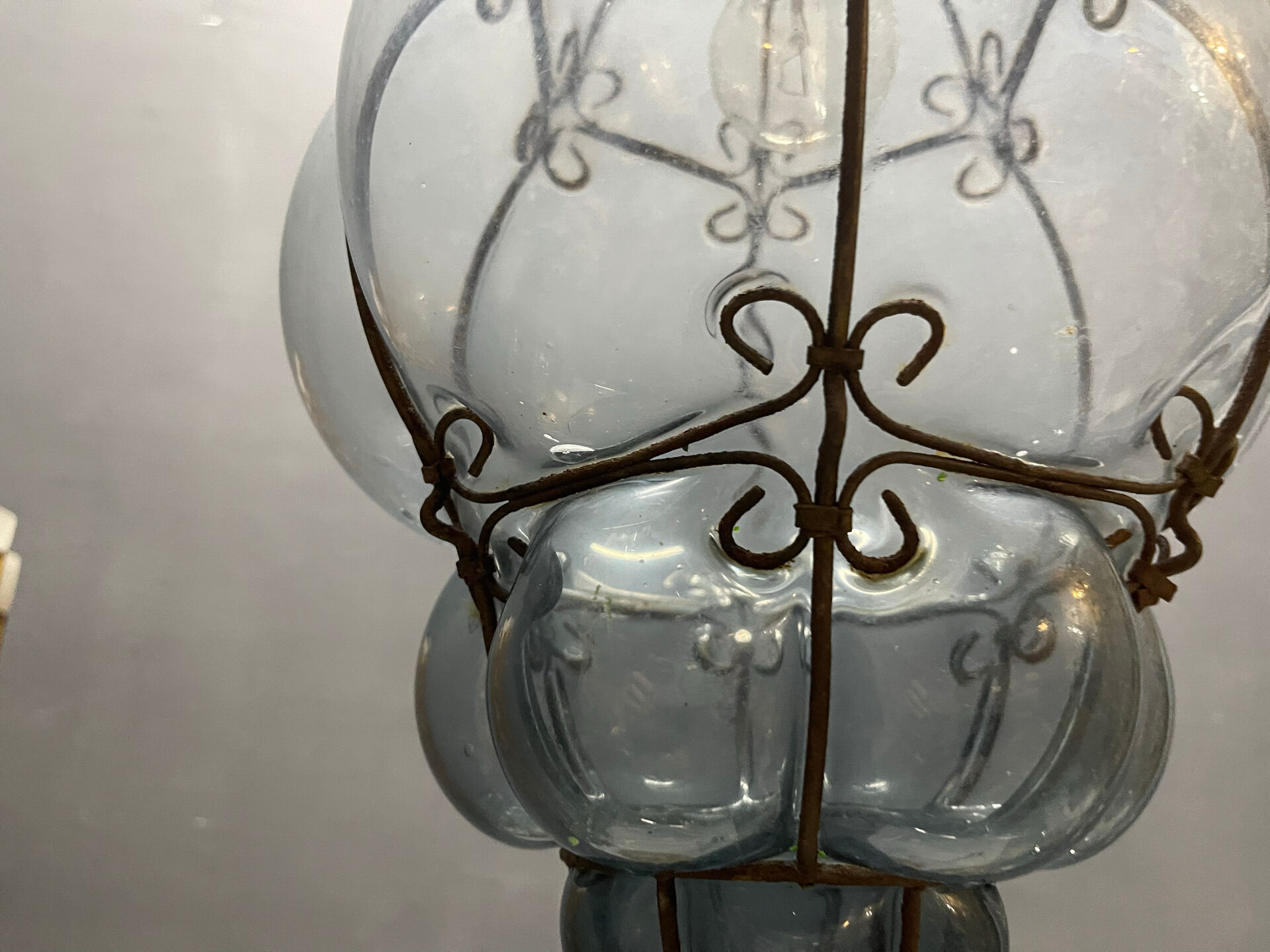 Wrought Iron Tinted Blue Murano Glass Light Pendant 1960’s