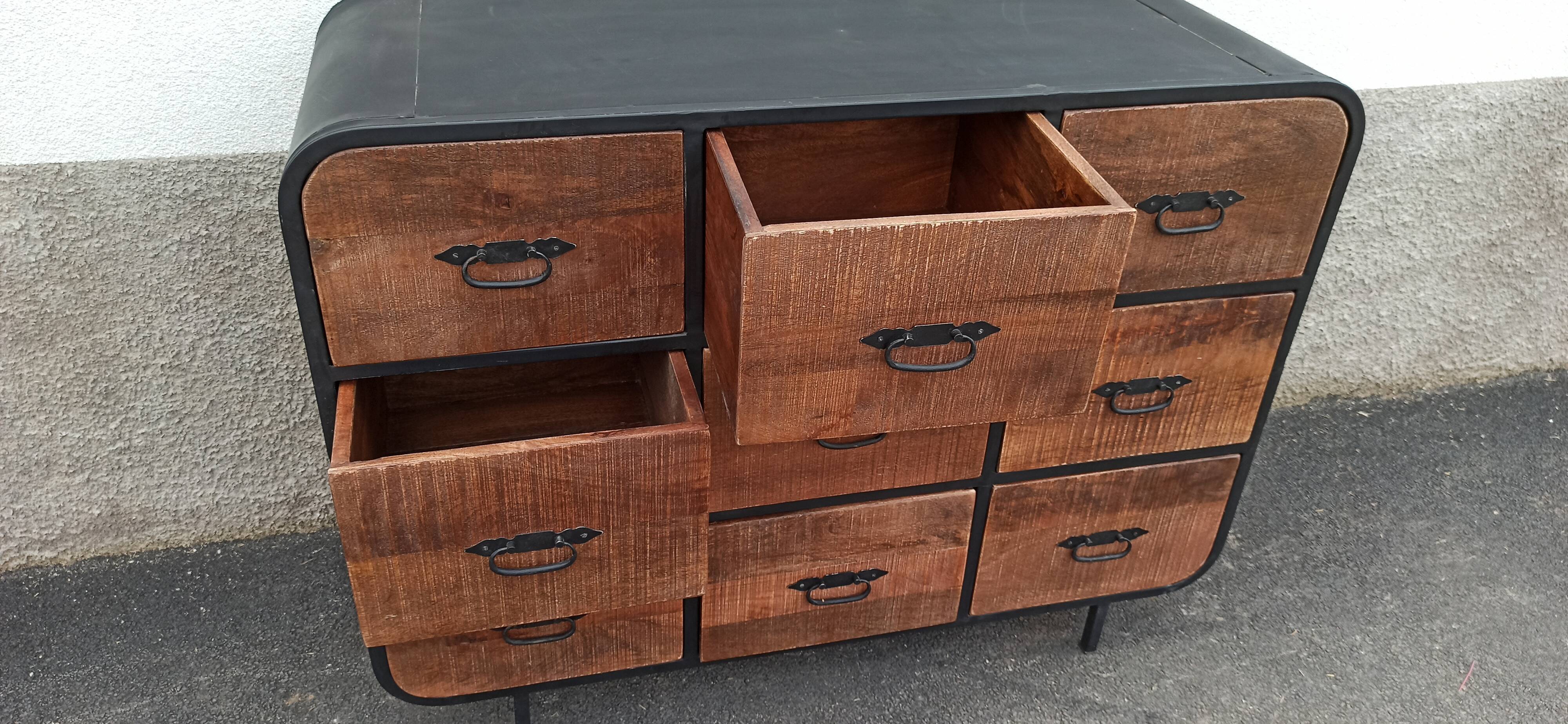Black metal sideboard with wooden drawers