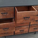 Black metal sideboard with wooden drawers
