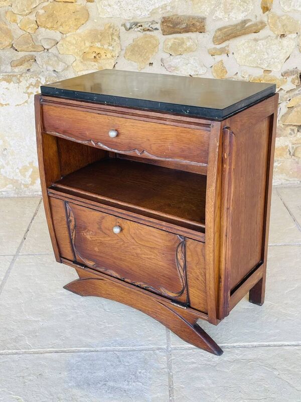 Table de chevet Art déco en noyer, plateau en marbre noir, circa 1920