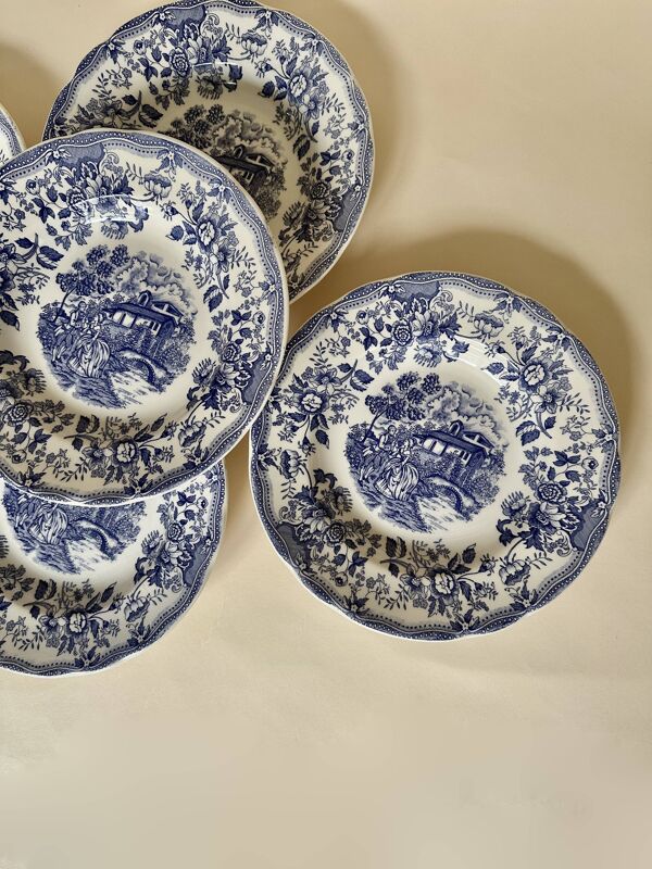 Set de cinq assiettes creuses anglaises, en céramique ironstone, scène romantique