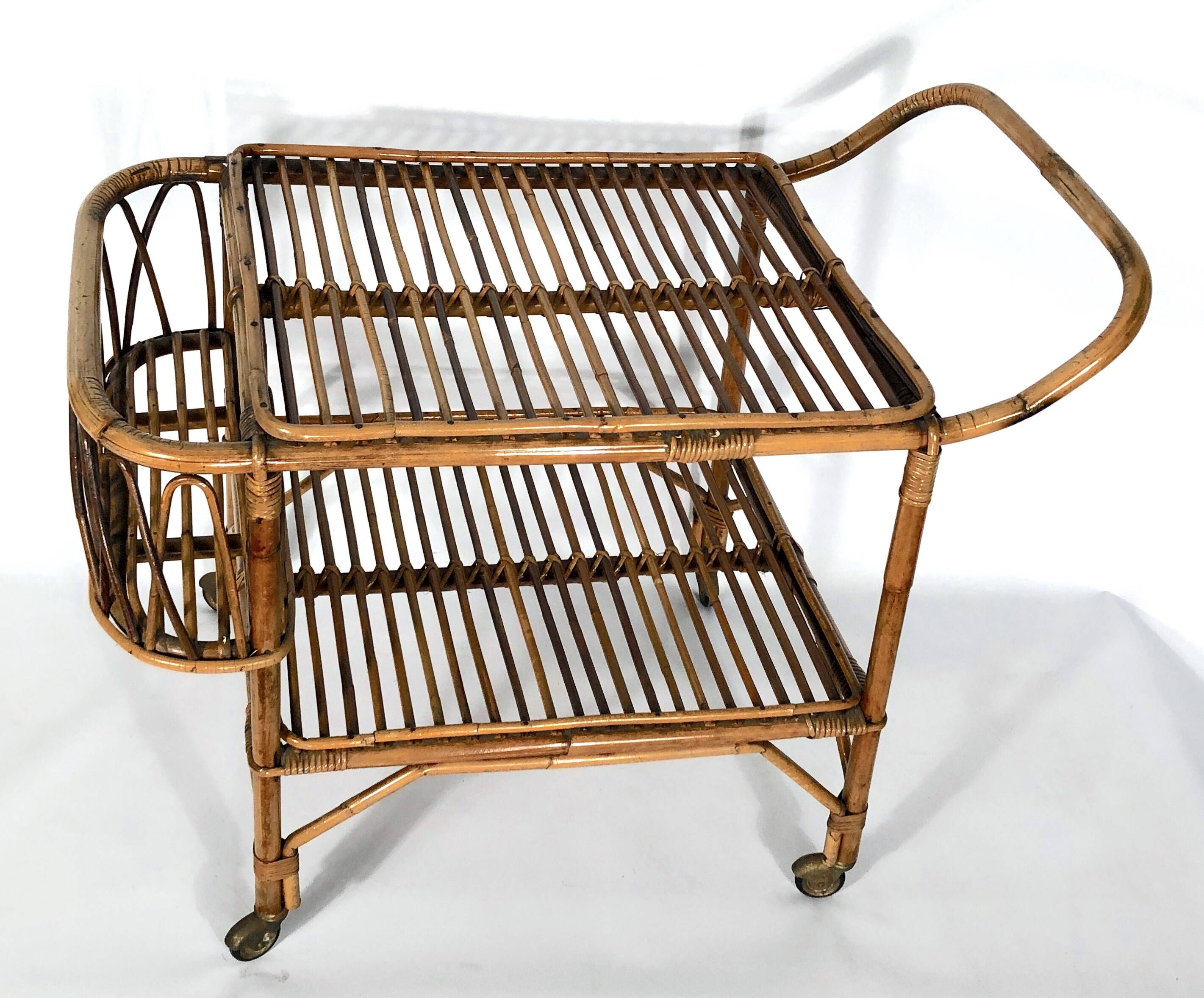 Vintage bamboo bar trolley from 50s. Made in Italy