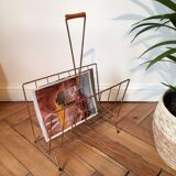 Vintage gold metal magazine rack and wooden handle