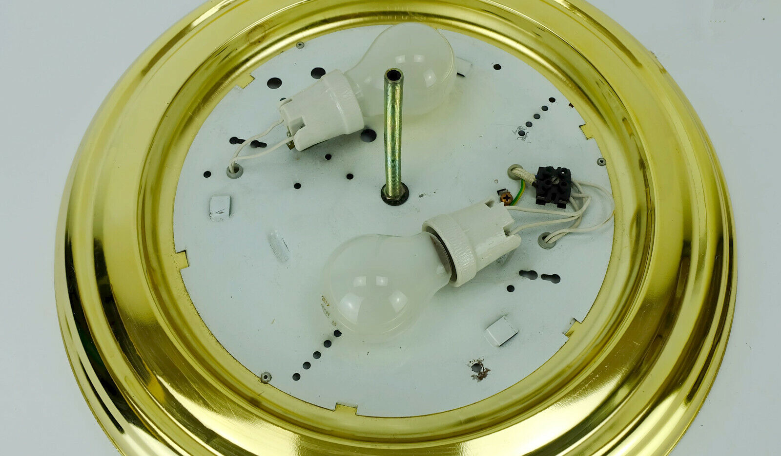 mid century ceiling LAMP flush mount textured amber glass and brass 1970s