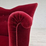 1950s, Danish 2-seater sofa, cherry-red furniture velour, ash wood.