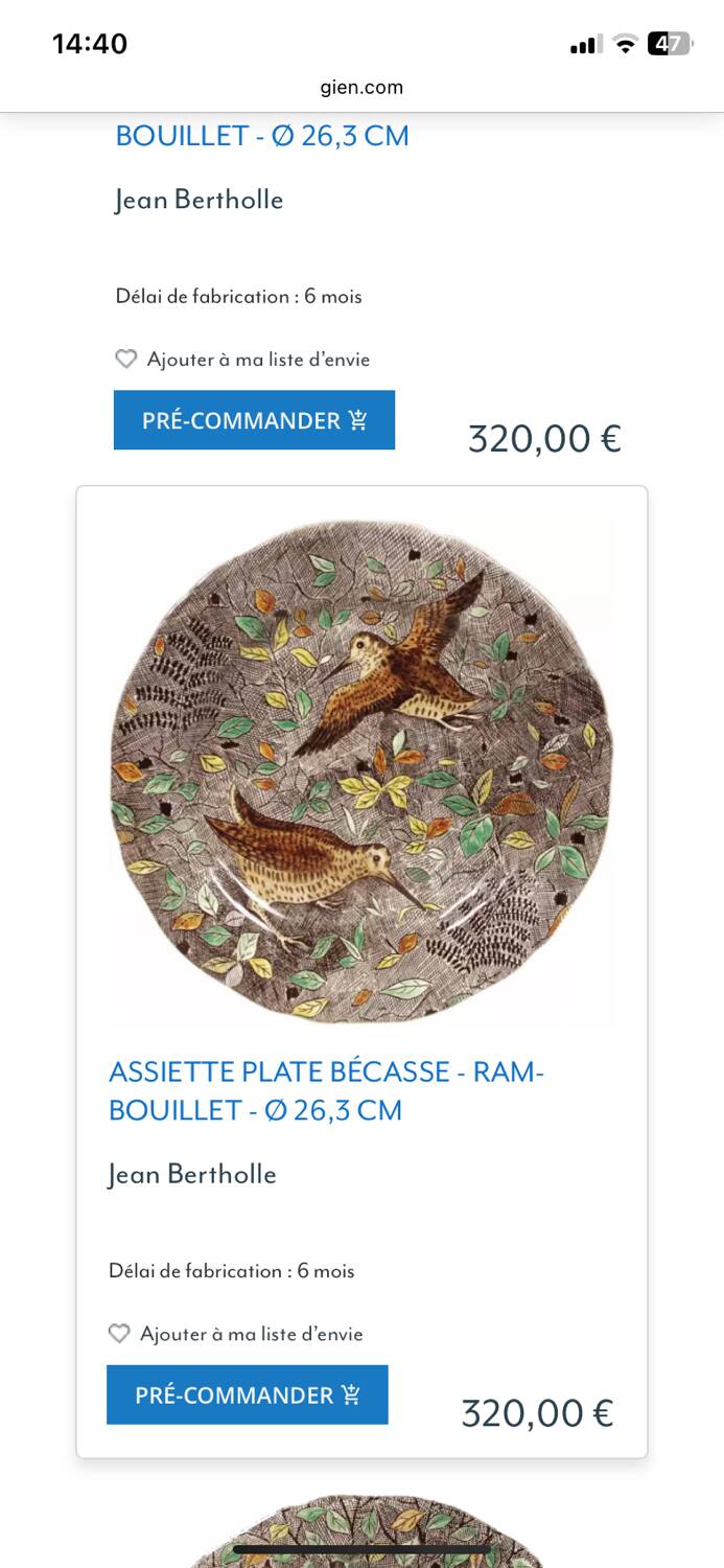 Woodcock plate from the Rambouillet de Gien series