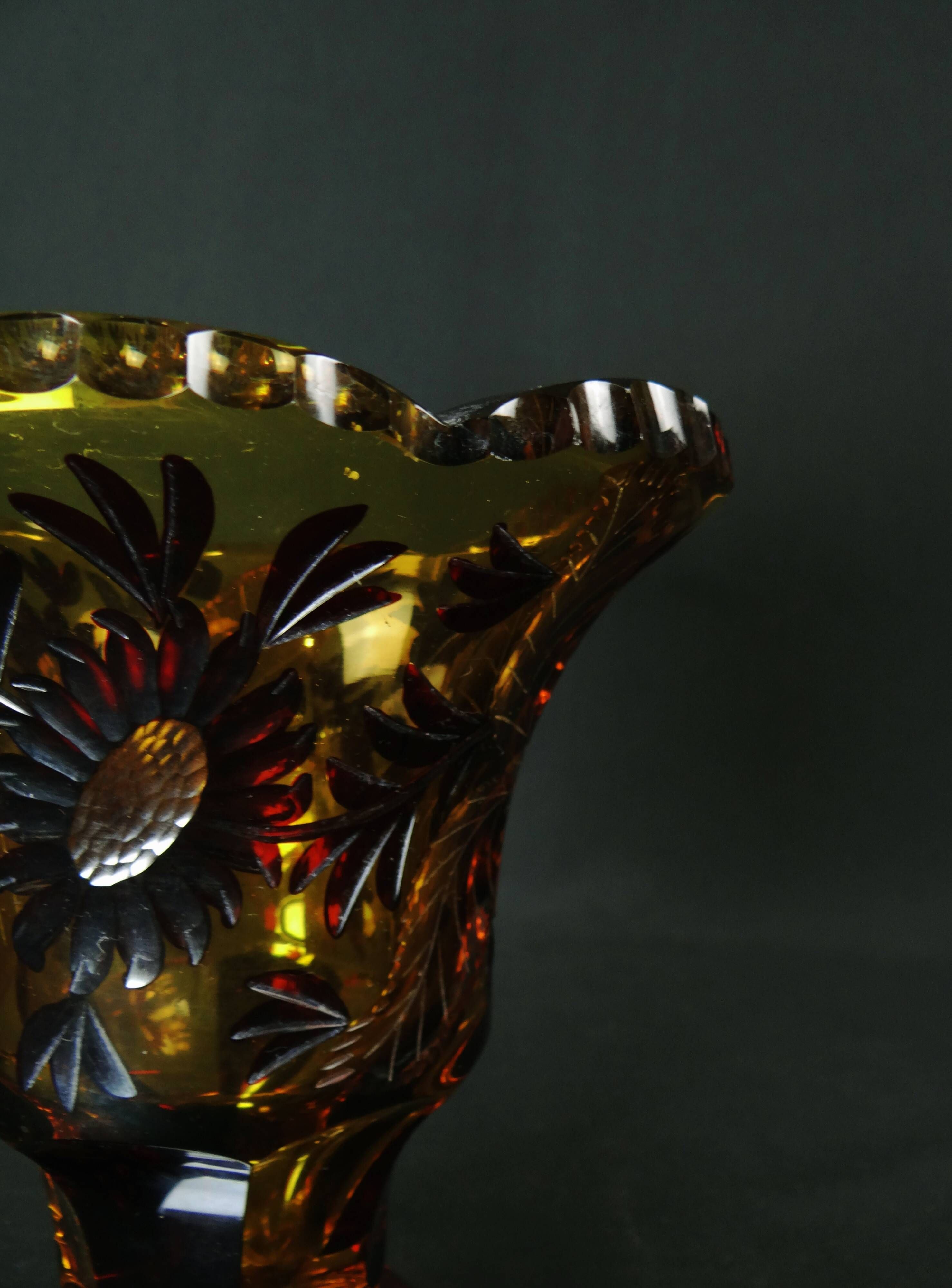 Bohemian cut crystal vase with Art Deco ruby red amber floral decoration