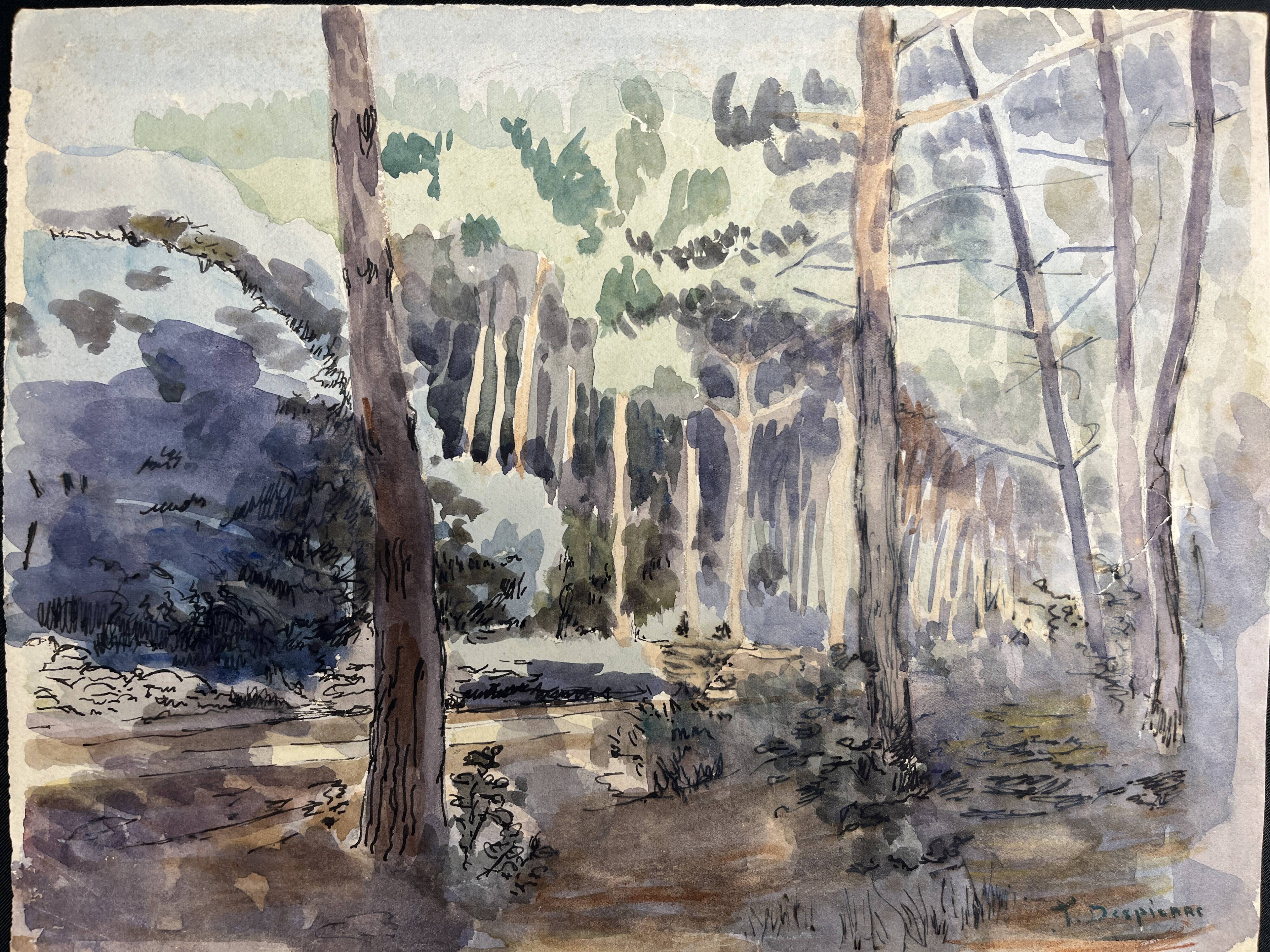 Despierre, Watercolor landscape undergrowth signed frame 20th century
