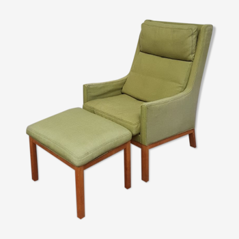 Fauteuil de salon danois en laine de lin avec pouf, milieu du siècle