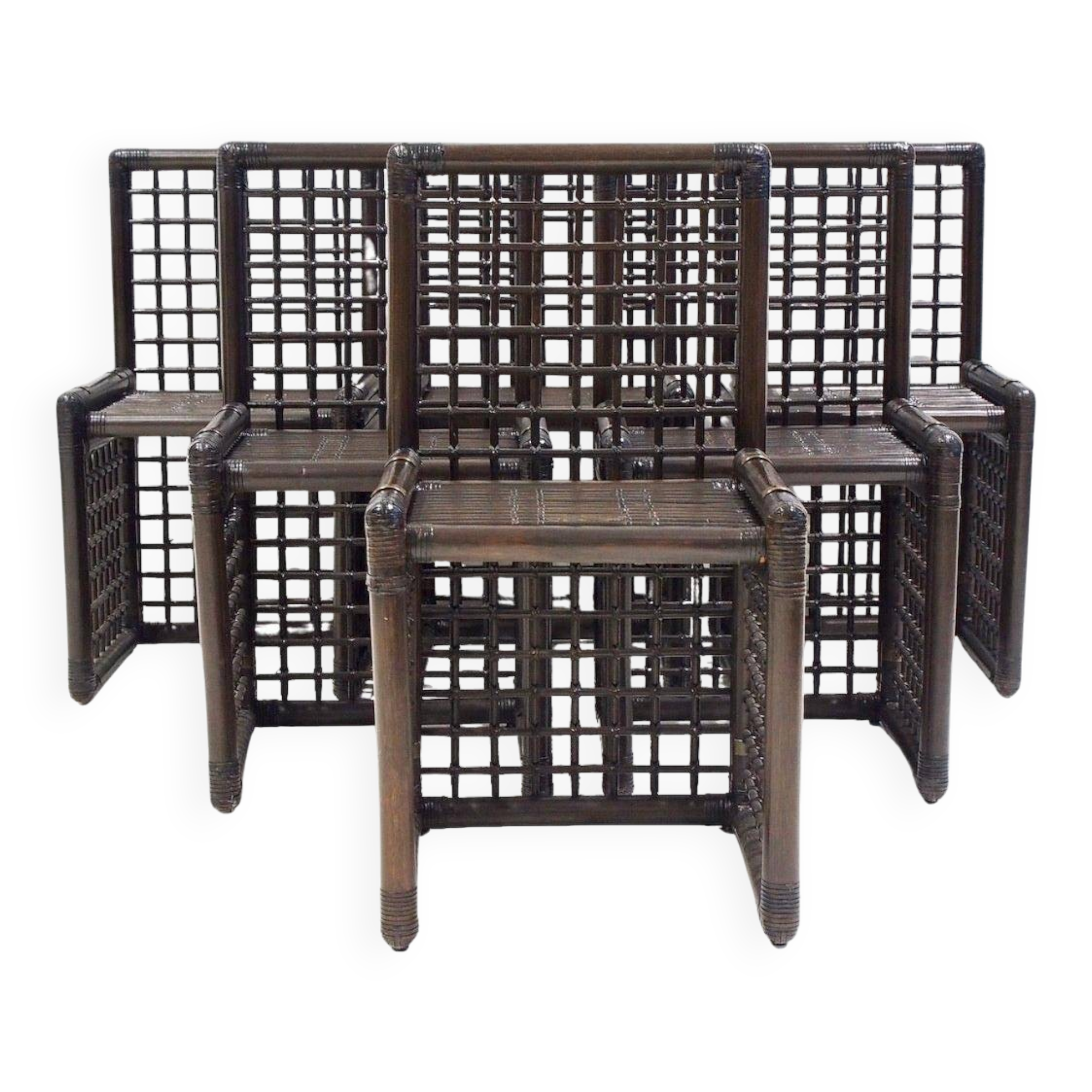 Ensemble de six chaises Afra et Tobia Scarpa en bambou et rotin