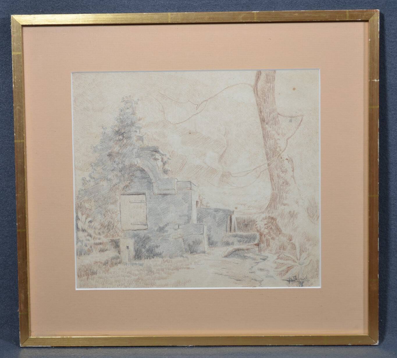 Pencil drawing "Landscape of Ruins" 1918 signed and dated
