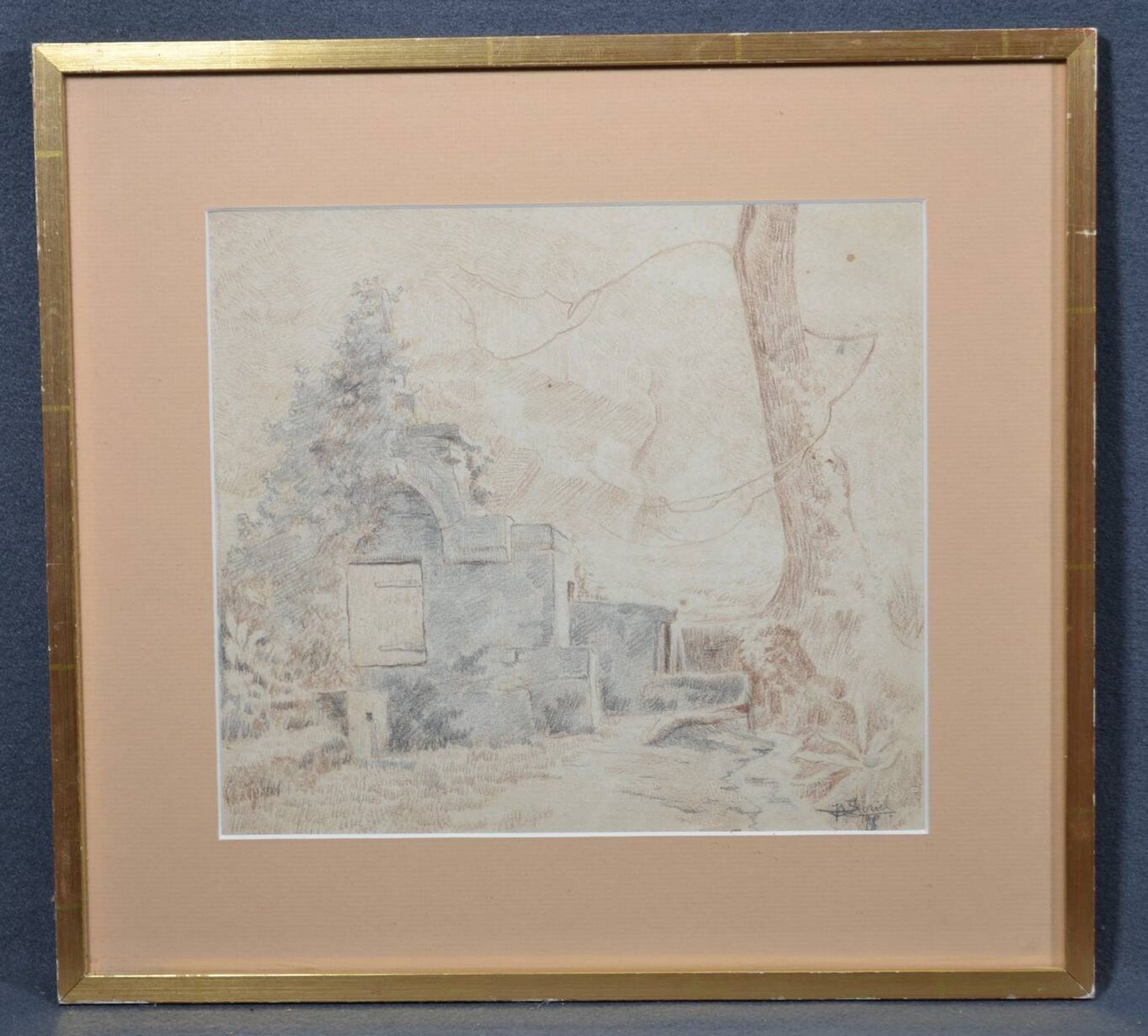 Pencil drawing "Landscape of Ruins" 1918 signed and dated