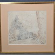 Pencil drawing "Landscape of Ruins" 1918 signed and dated