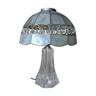 Lampe de bureau chevet originale Base cristal Abat jour nacre ancien