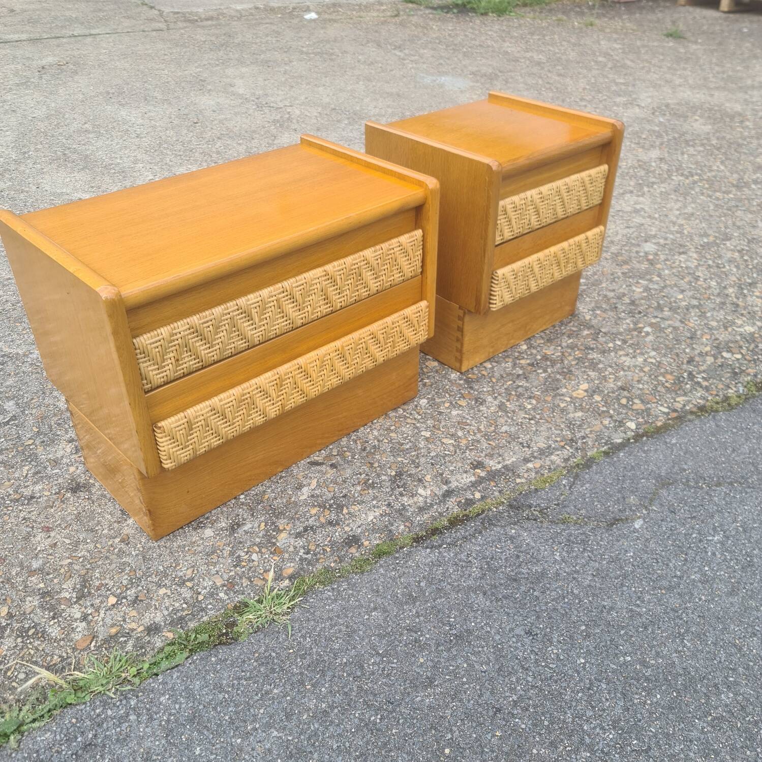 Pair of bedside tables, vintage rattan side furniture 1960