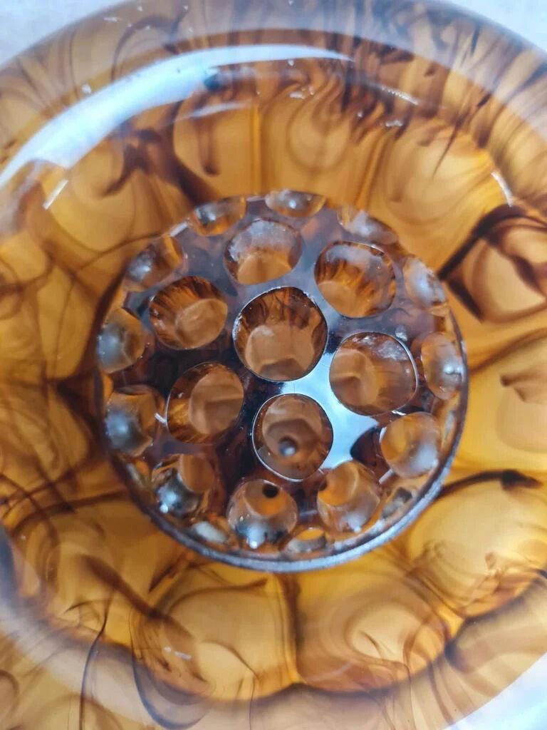 Art Deco Davidson "Cloud Glass" amber centrepiece bowl – vintage English flower holder
