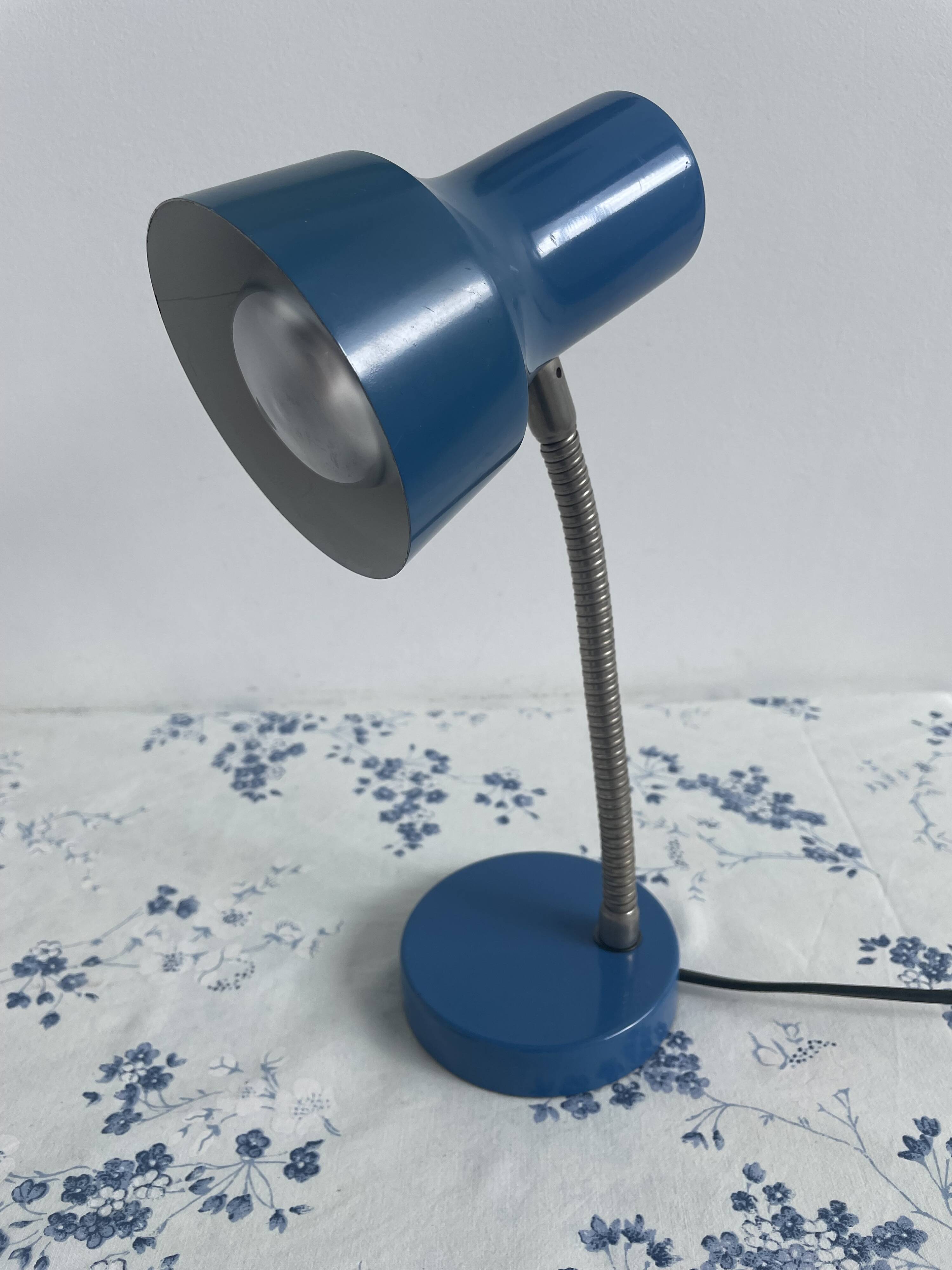Vintage blue desk lamp, 1970s, flexible chrome metal