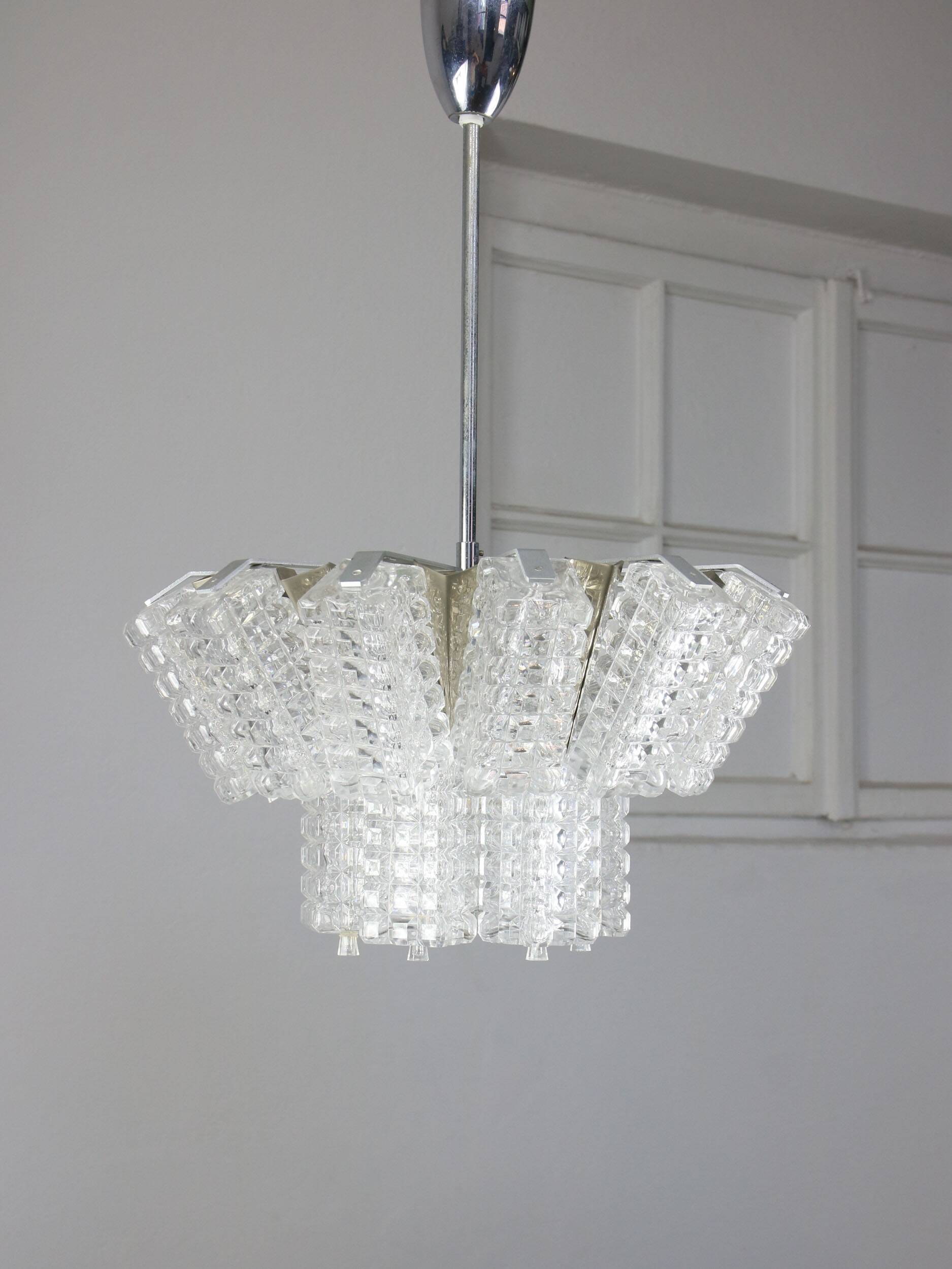 Vintage Austrolux Glass Chandelier: Mid-Century Chrome Pendant Light