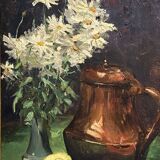 Painting signed still life with copper coquemar, lemon and bouquet of flowers