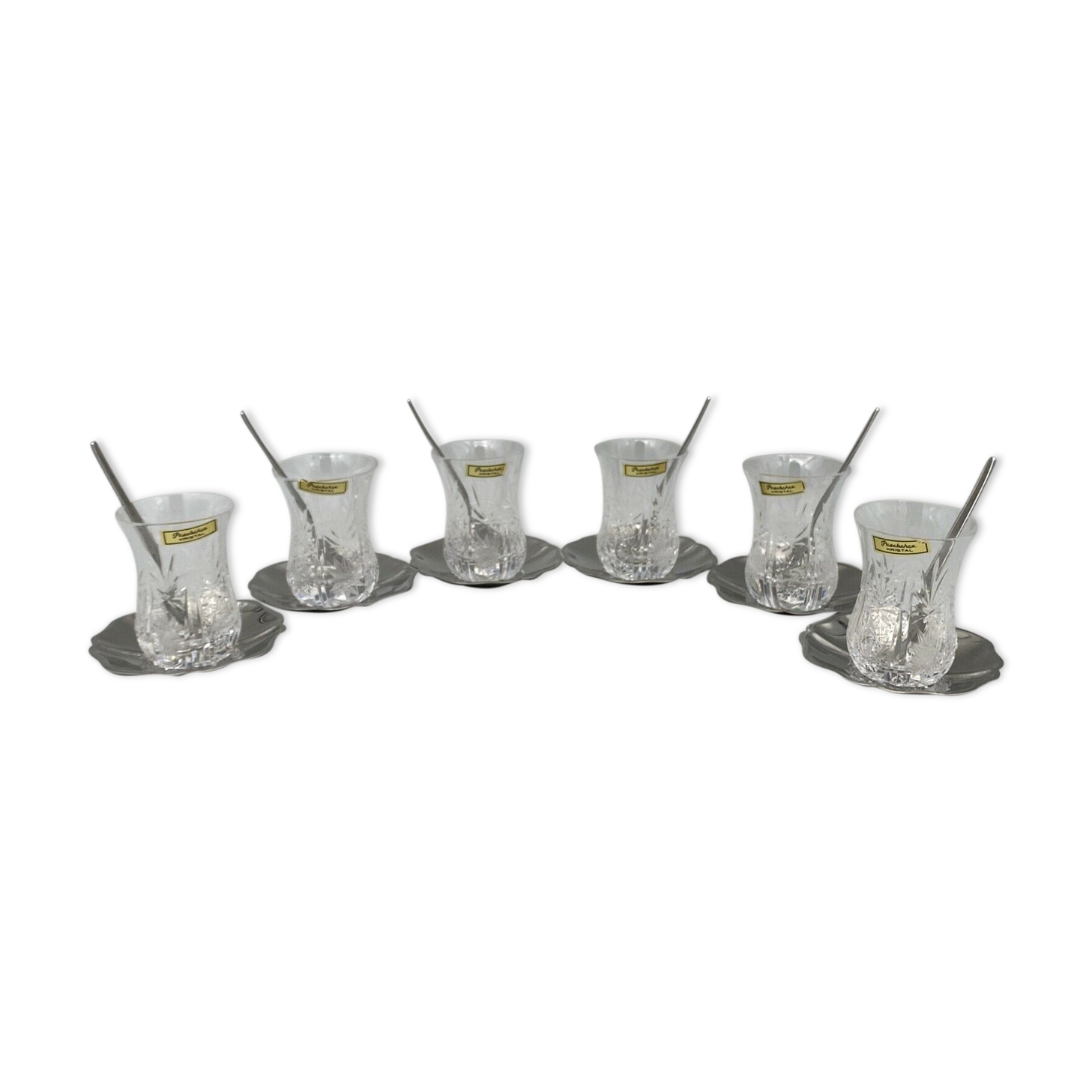 6 GLASSES A THE TURKISH CRISTAL PASBACHE UNDER CUP SPOONFULS JUMBO STAINLESS STEEL 18/8