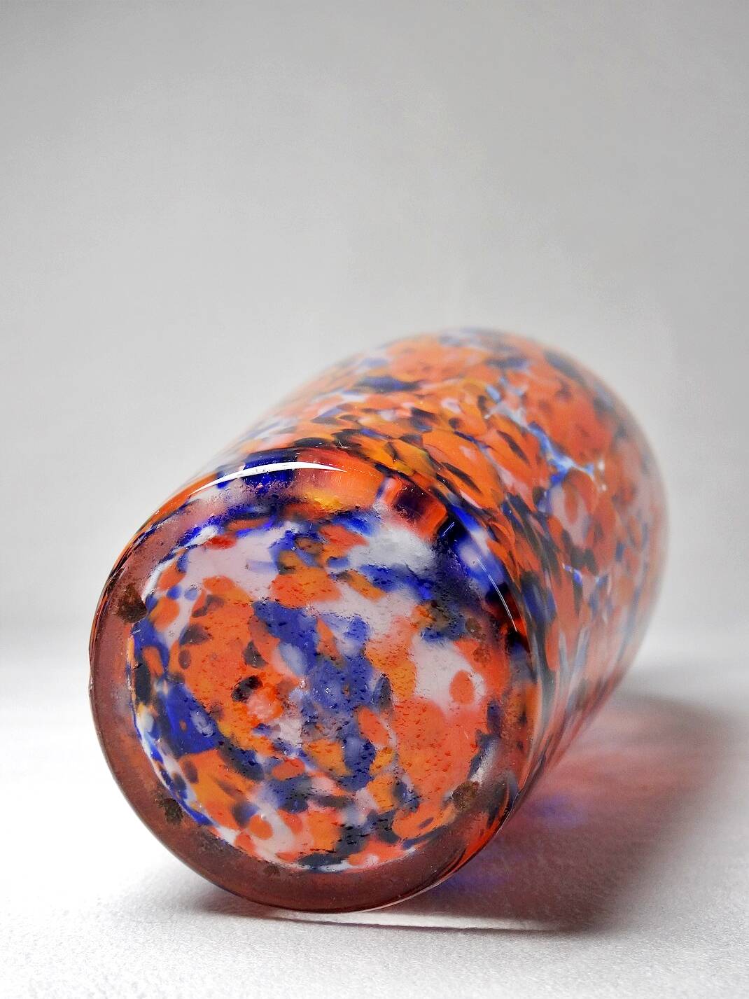 Small antique art deco cobalt orange speckled glass paste vase