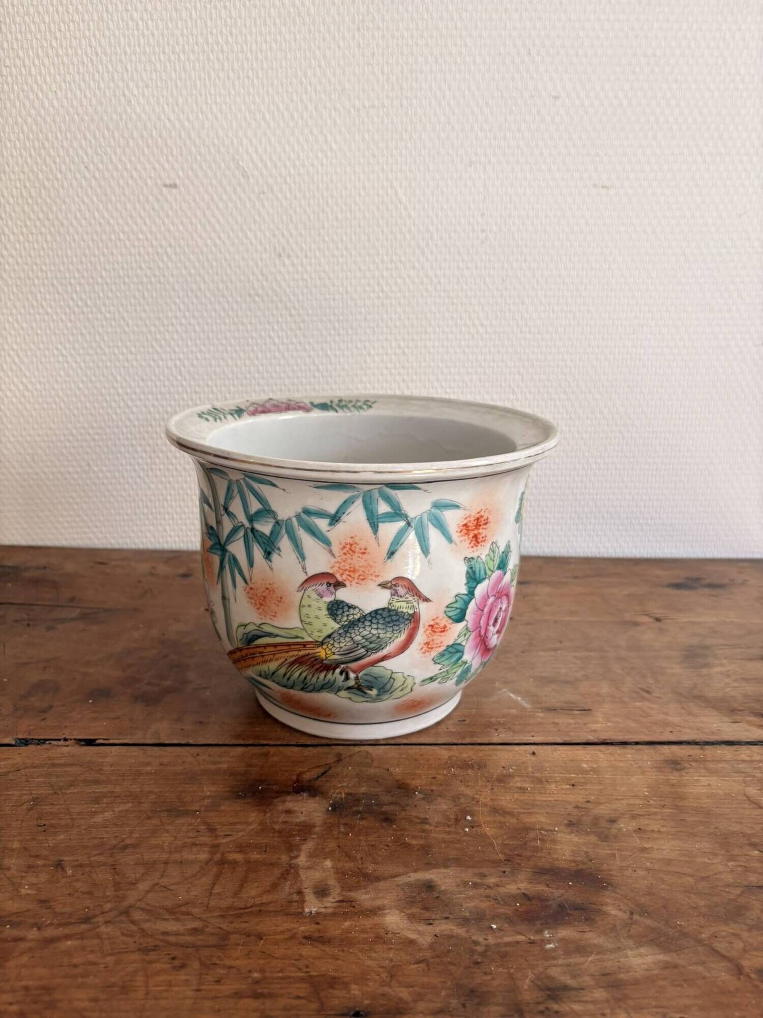 Cache pot jardinière decor pheasant China republic Famille Rose bamboo