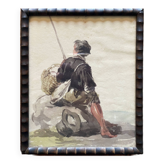 19th century watercolor painting "Young fisherman with basket" + bamboo frame