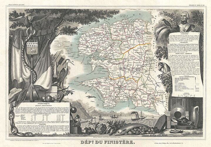 Gravure illustration réhaussée couleurs des 86 départements et possessions de la France en 1852