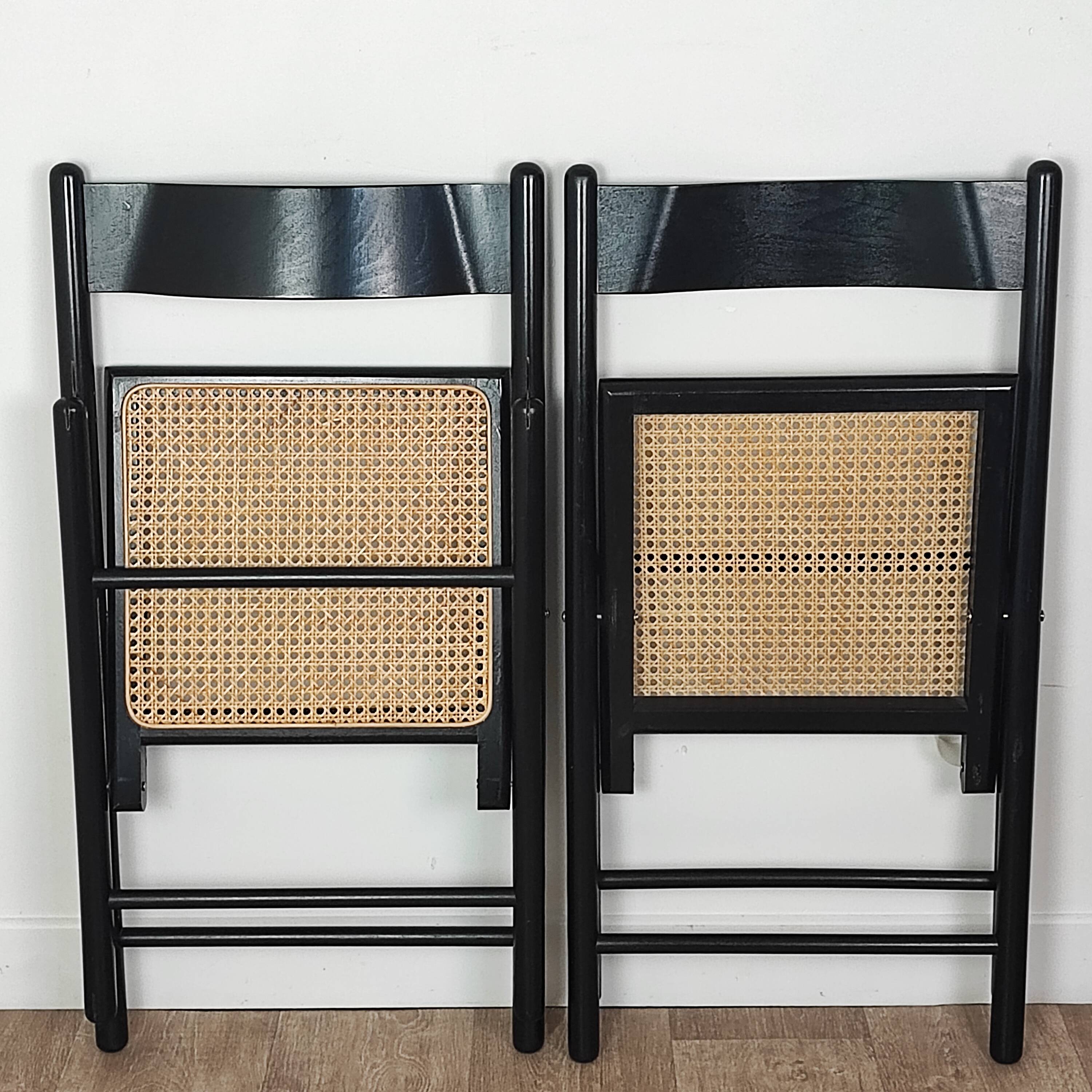 Pair of wooden and rattan folding chairs