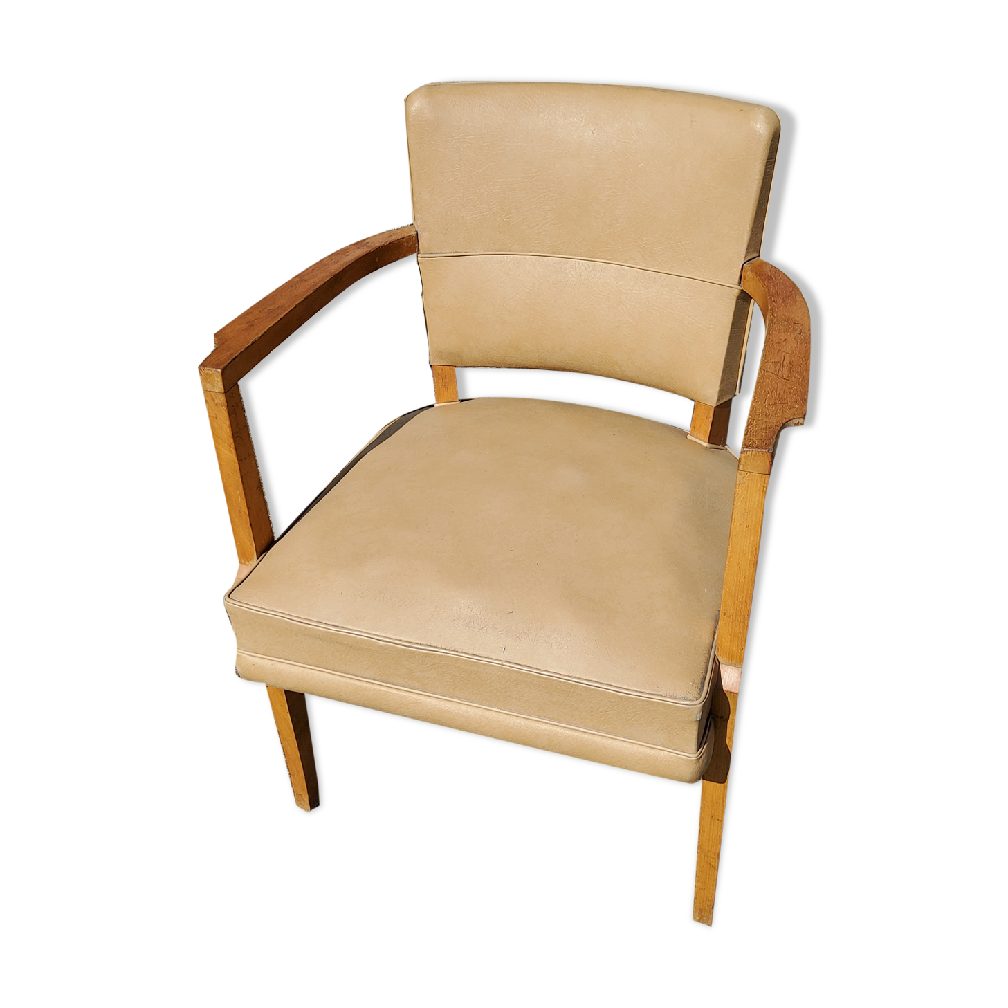 Office armchair from the 50s in beech tinted sycamore and moleskine