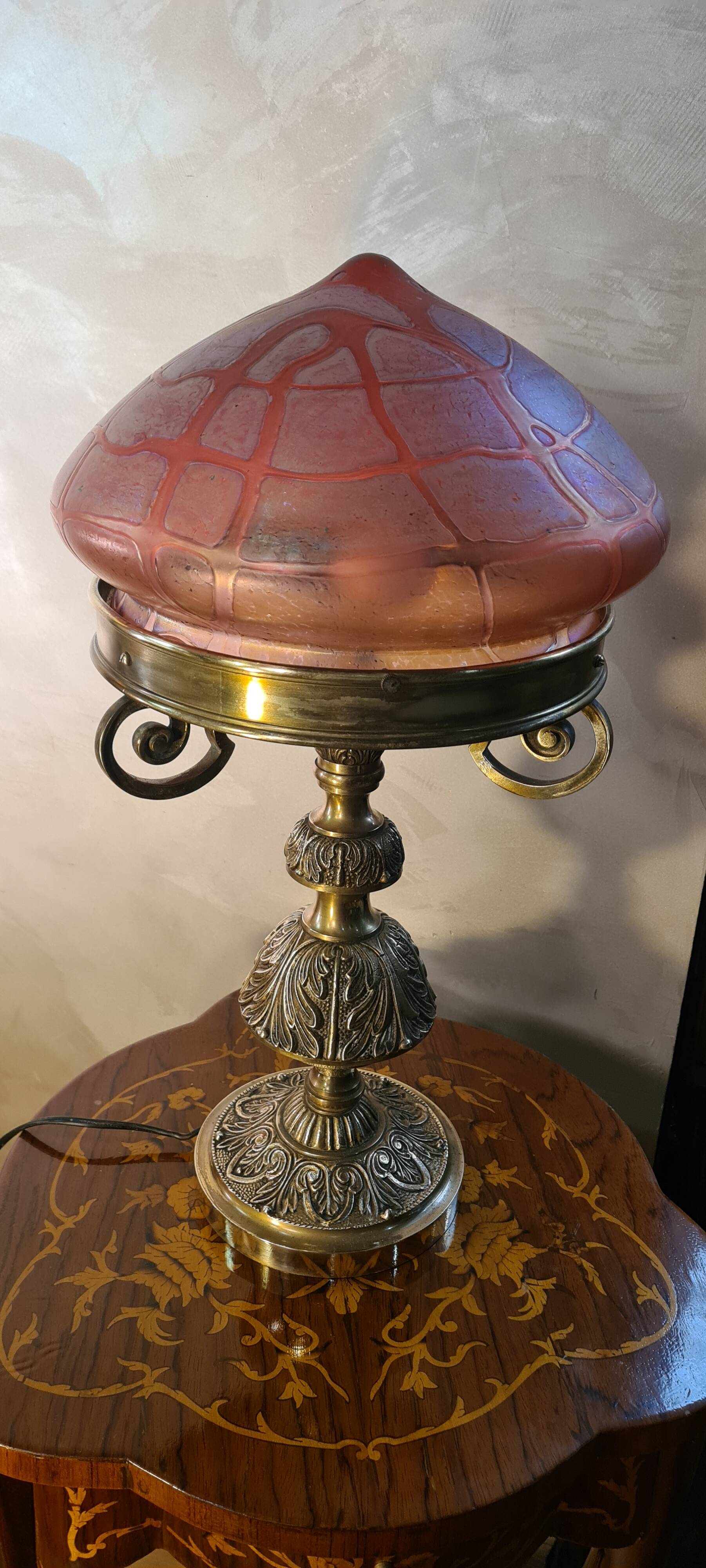 Austrian Art Nouveau bronze lamp with Loetz style art glass shade L54x32