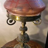 Austrian Art Nouveau bronze lamp with Loetz style art glass shade L54x32
