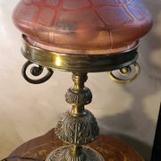 Austrian Art Nouveau bronze lamp with Loetz style art glass shade L54x32