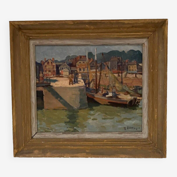 Huile sur isorel "Vue du port de Honfleur" par Deldique Yvonne XX siècle