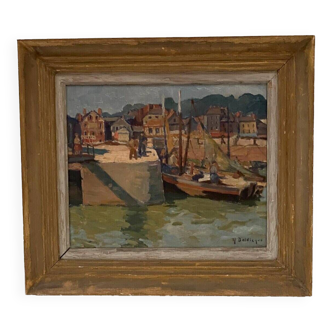 Oil on hardboard "View of the port of Honfleur" by Deldique Yvonne 20th century