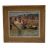 Oil on hardboard "View of the port of Honfleur" by Deldique Yvonne 20th century