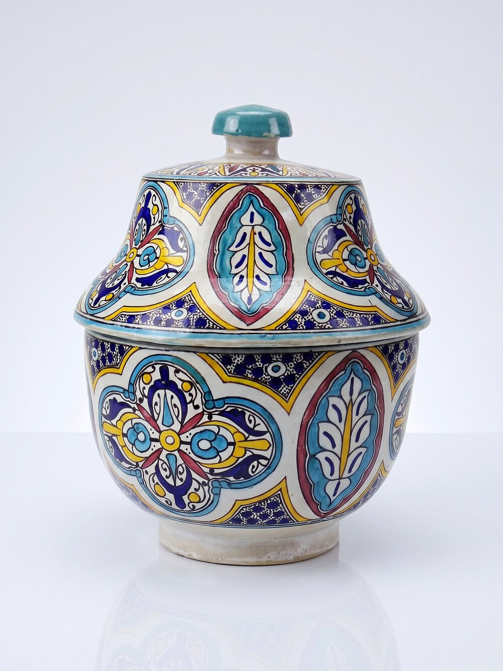 Large ancient jobana from Fes in polychrome faience, Morocco 20th century.