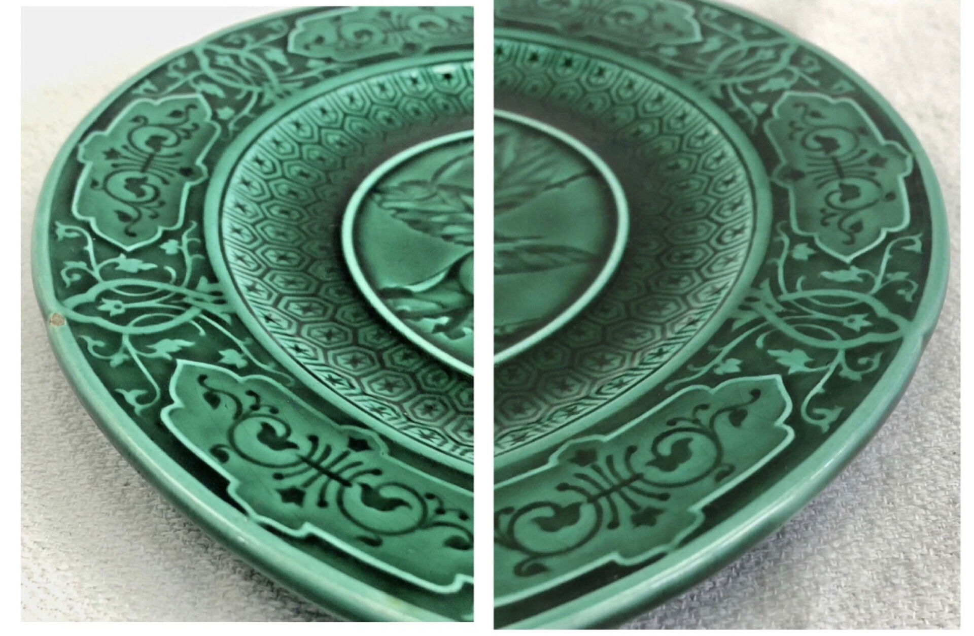 3 dessert plates XIX Sarreguemines Majolica shaded enamel Rubelles