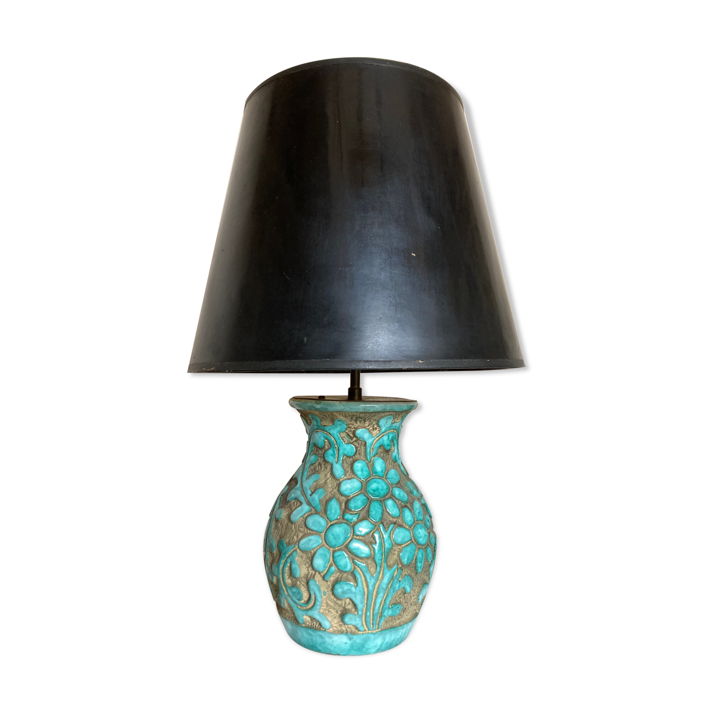 Italian glazed ceramic lamp 1960 mid century Bitossi turquoise