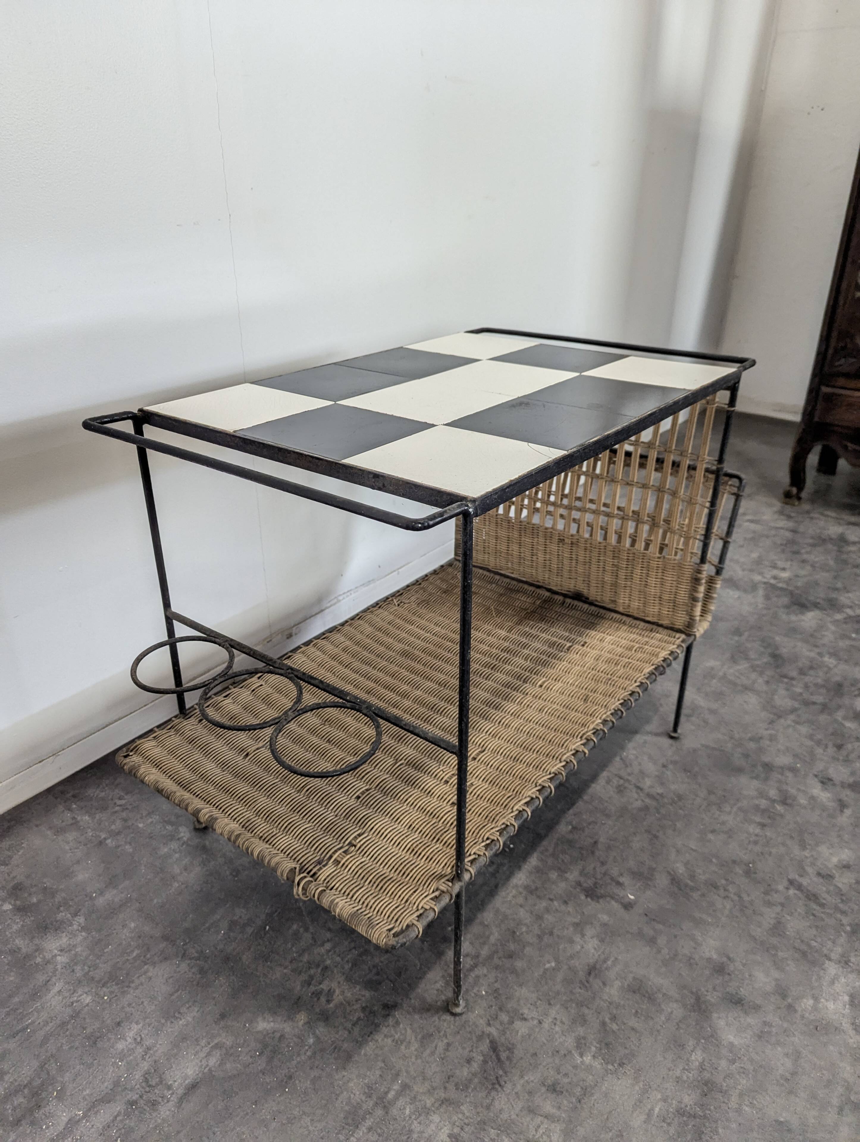 1950s rattan and ceramic coffee table