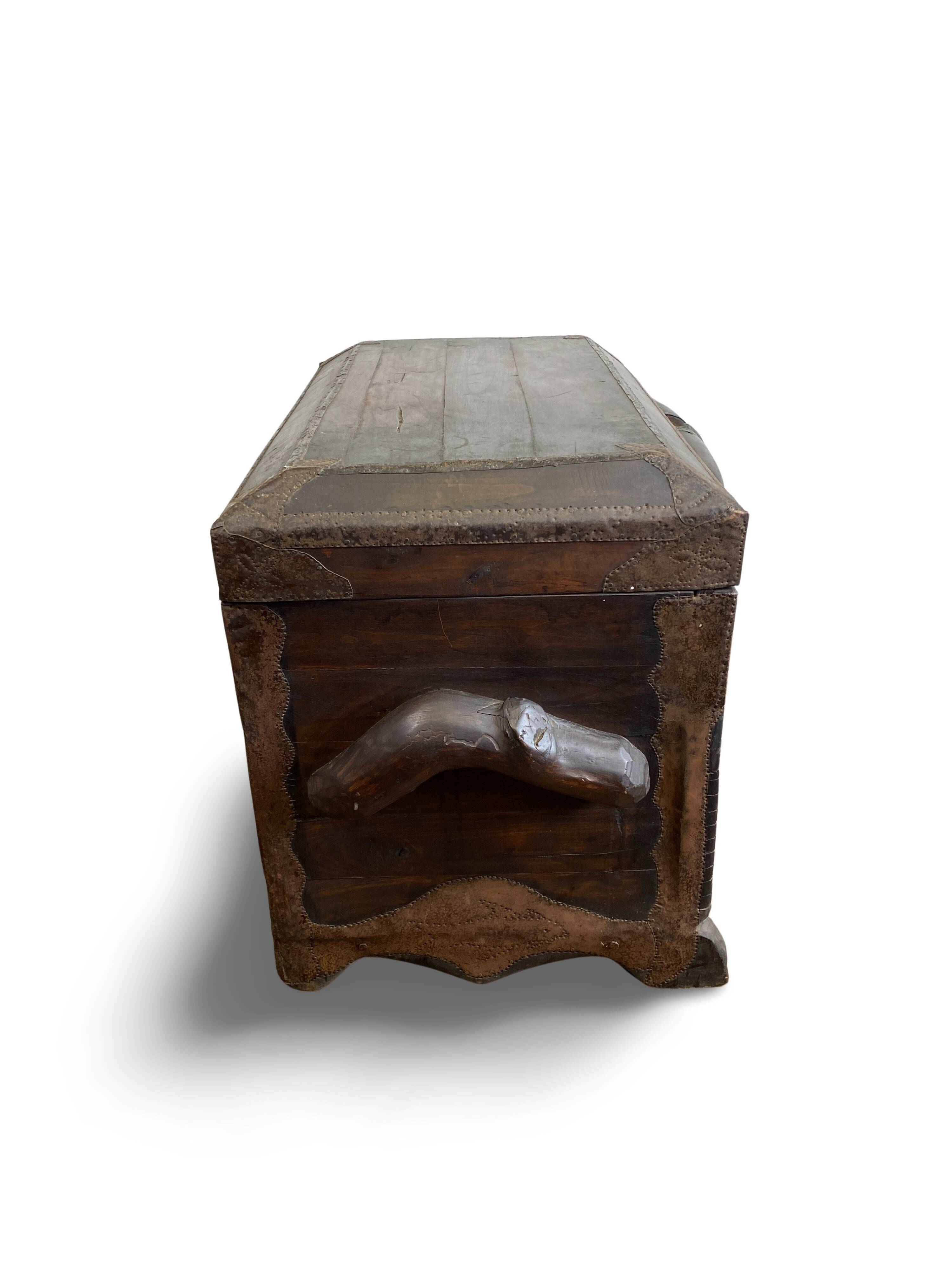 Antique 18th century Gothic chest in carved wood and leather