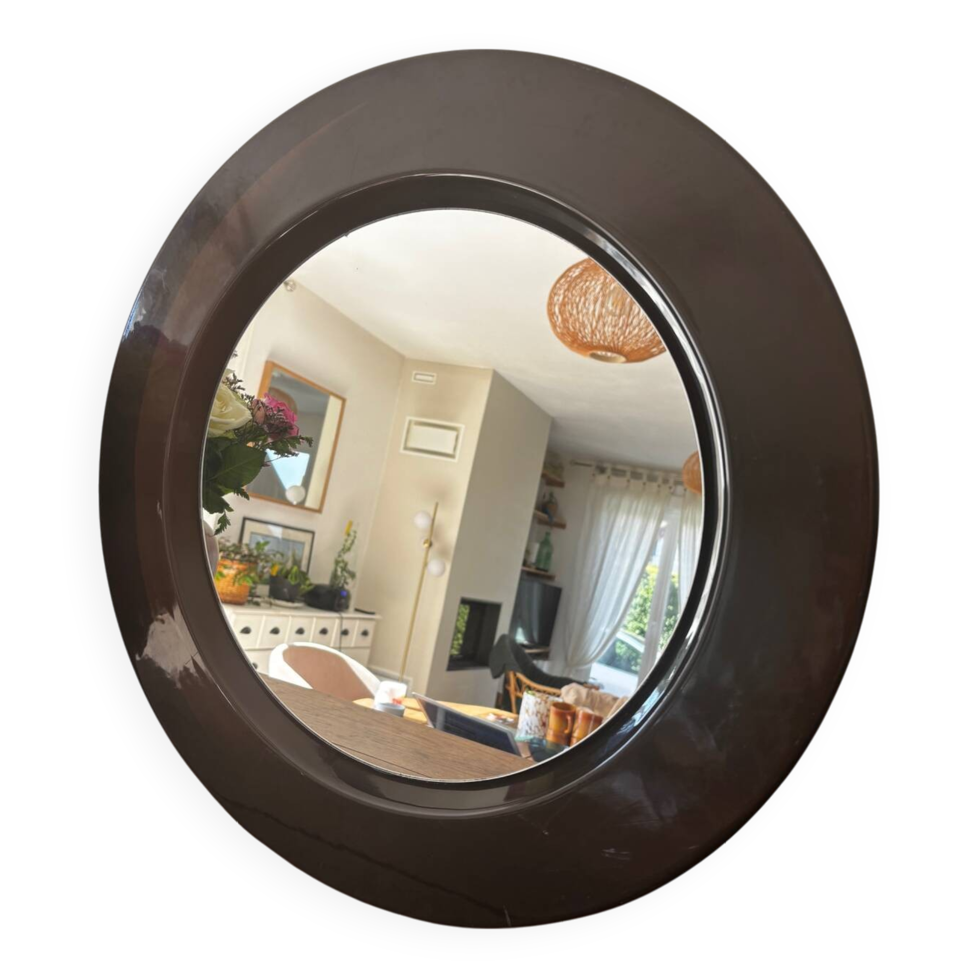 Vintage round mirror from the 70s, smoked brown plastic