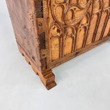 Antique Oak Chest with Carved Gothic Panel, 1900s